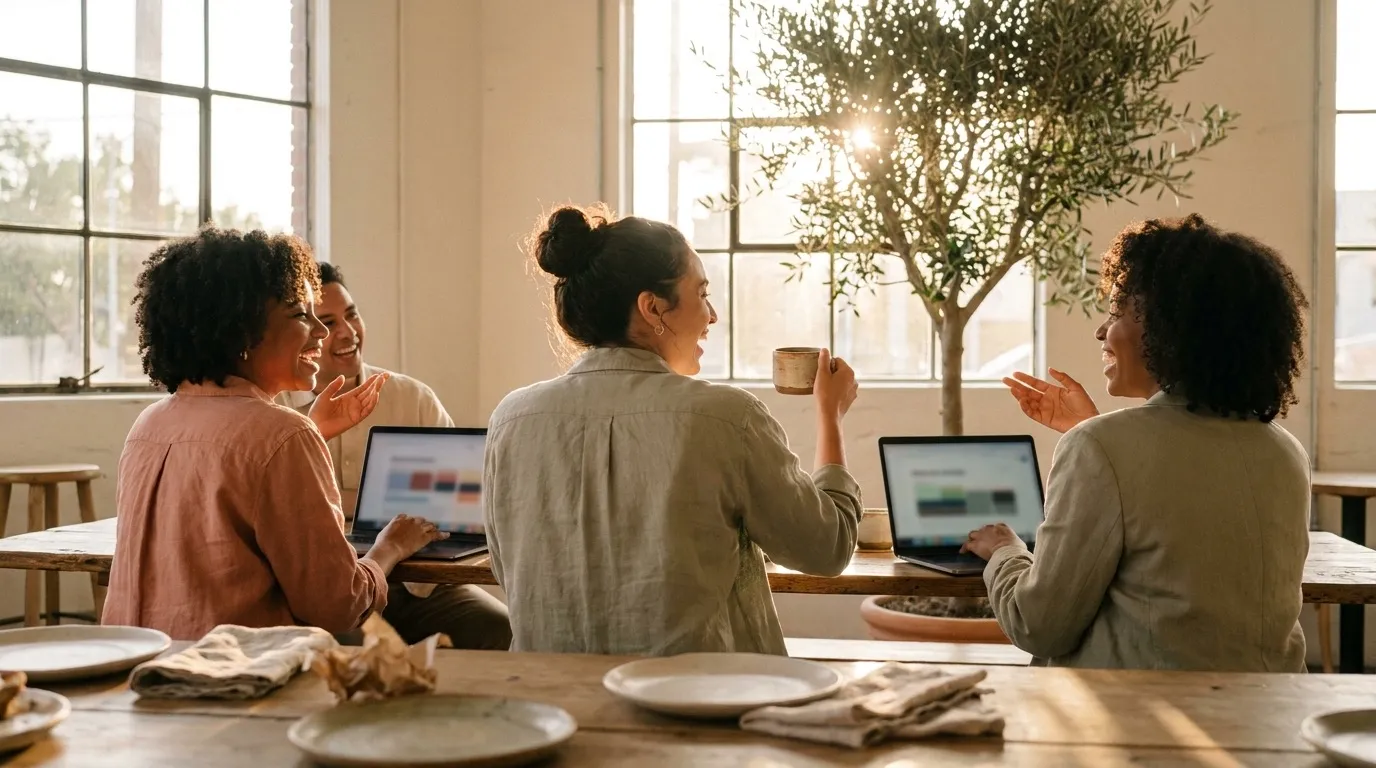 A small meetup around a wooden cafe table, people with laptops and coffee seen from behind in warm window light