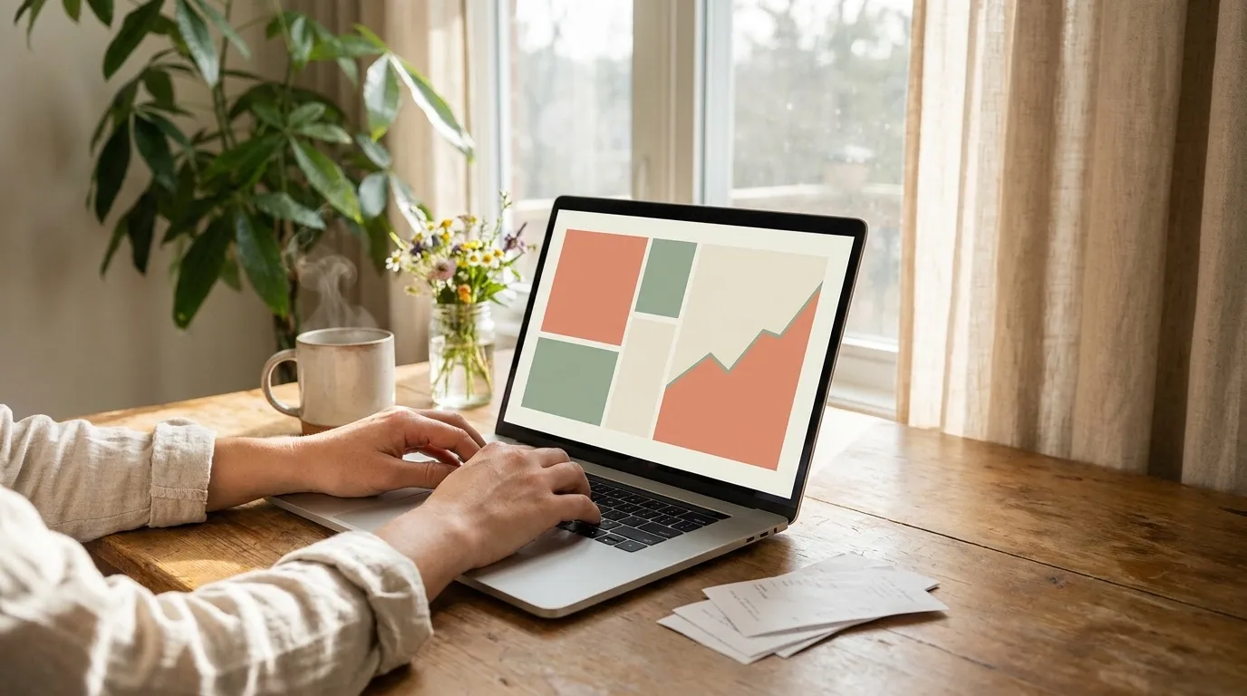 Hands typing on a laptop showing an abstract wordless finance dashboard, beside a mug of coffee, paper receipts, and a houseplant on a wooden desk