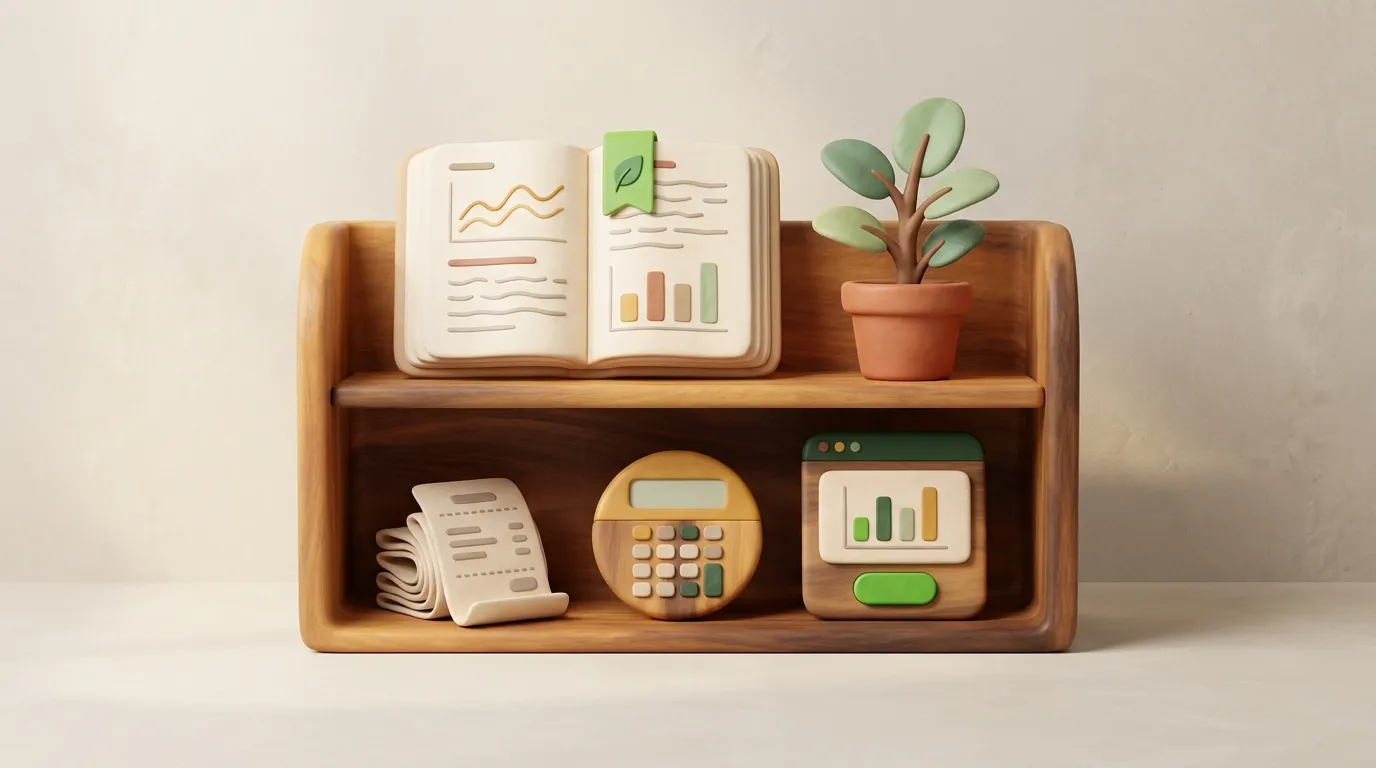 Clay illustration of a wooden shelf displaying a curated collection of plain text accounting treasures: an open ledger, paper receipts, a calculator, and a terminal showing charts