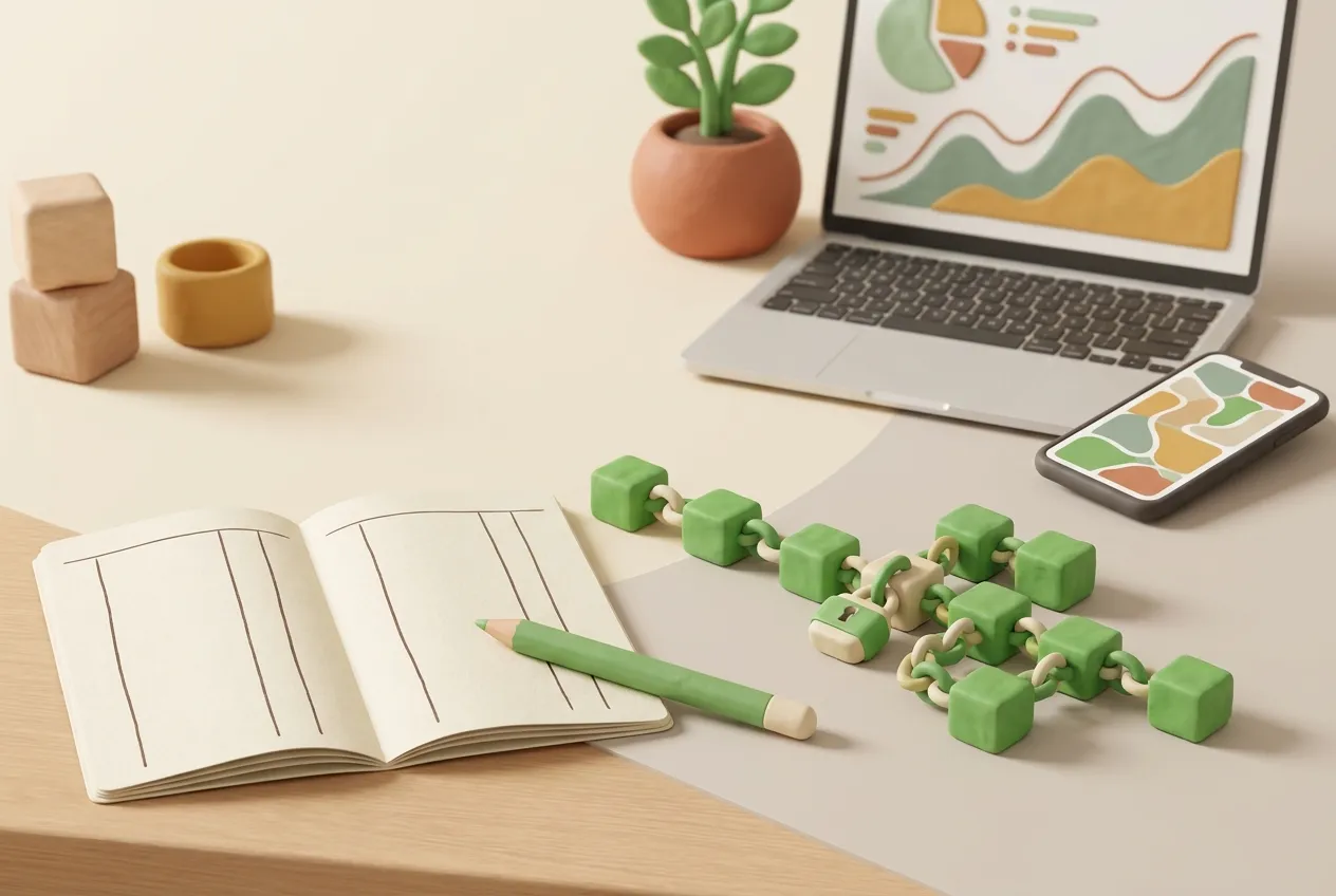 Clay illustration of an open ledger notebook with a pencil beside a chain of green blocks representing version-controlled financial records