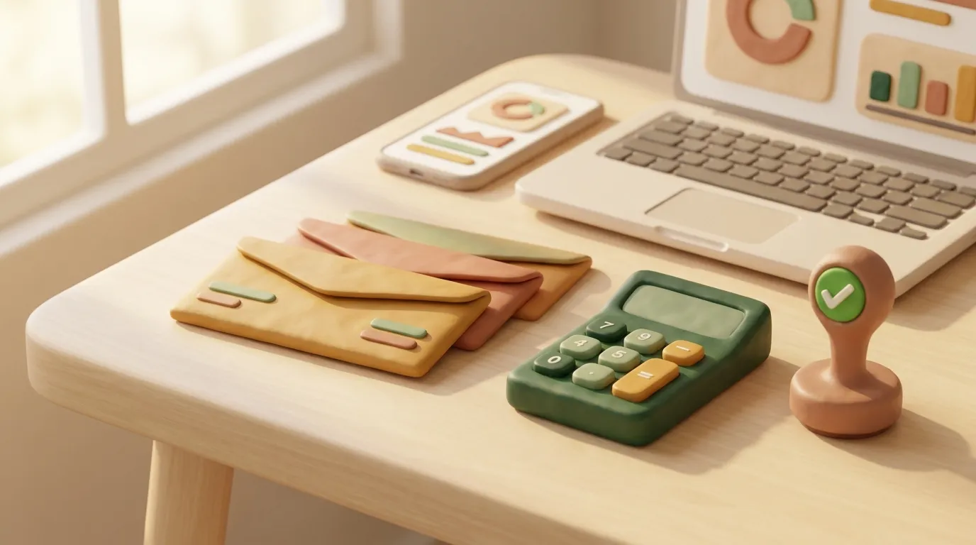 Three pay-stub envelopes on a desk beside a calculator and a green stamp.