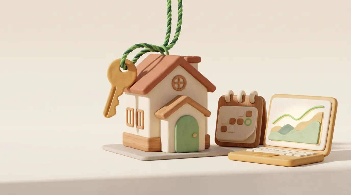 Miniature house with a key and a laptop showing an upward chart.