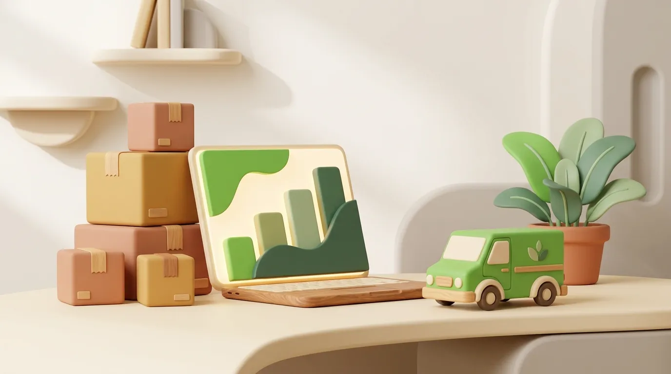 Clay desk with shipping boxes and a laptop showing rising charts beside a tiny courier van.