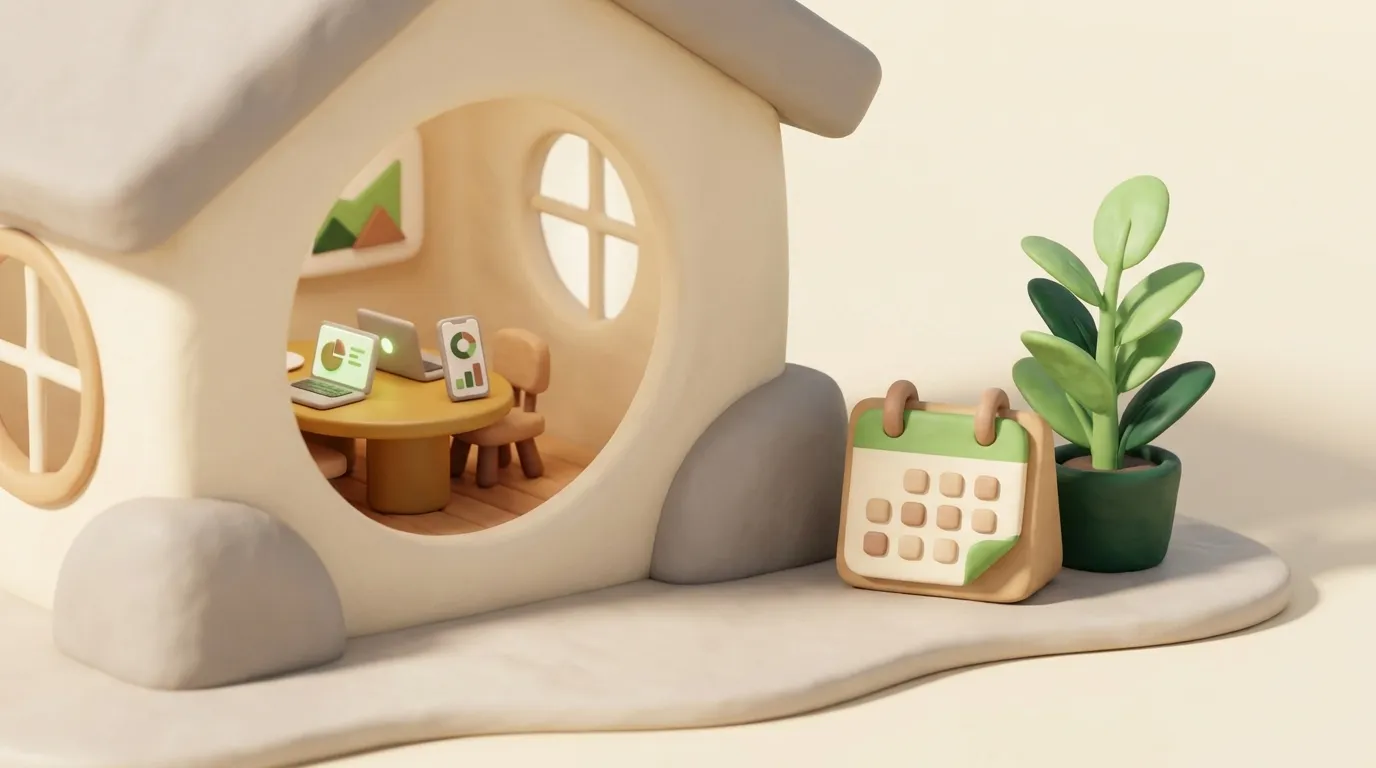 Clay house with a tiny meeting table visible through a window beside a calendar.