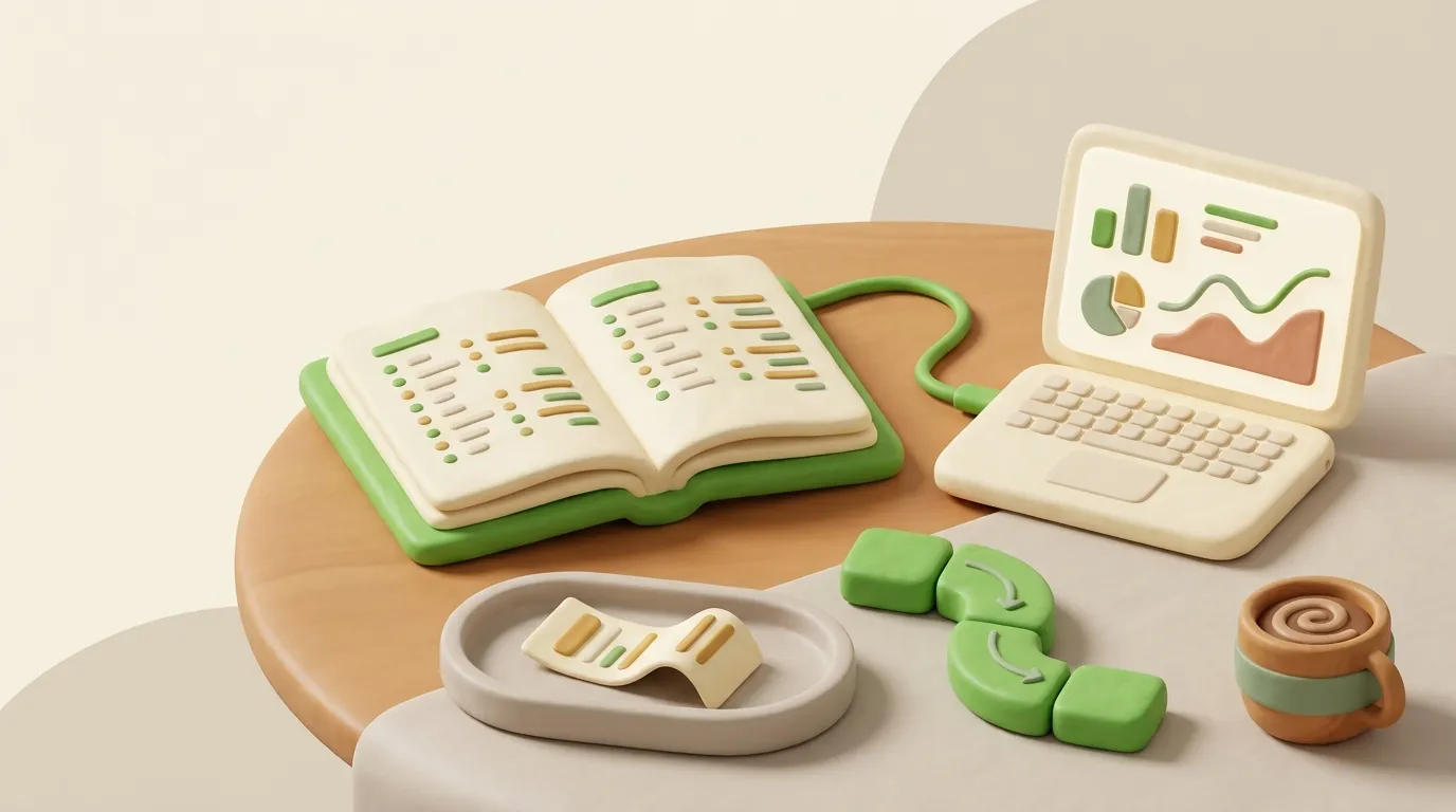 A clay laptop connected to an open green ledger, with a receipt in a review tray and linked blocks representing Git history.