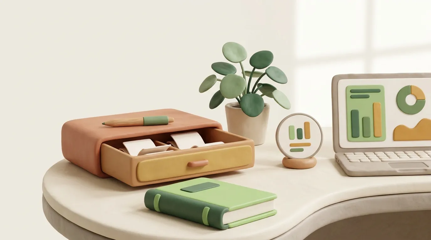 Open cash drawer with blank slips and a green ledger underneath.