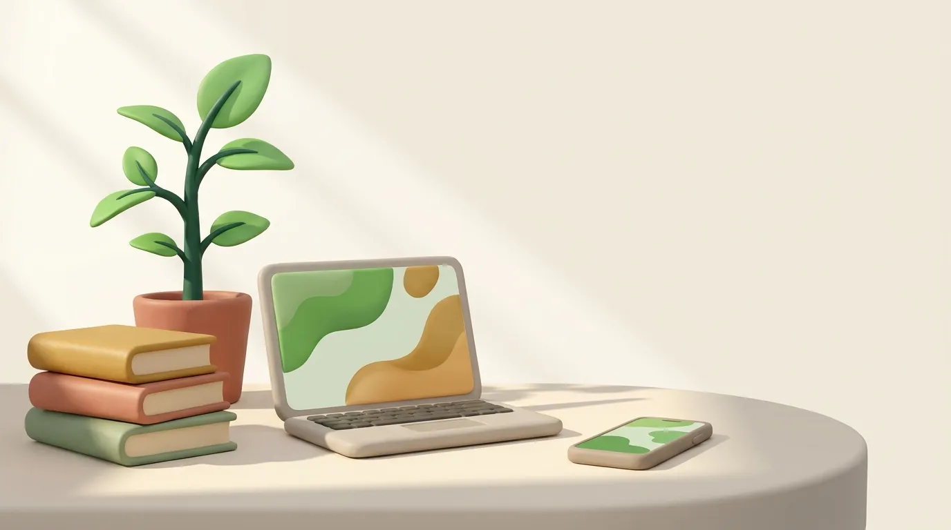 Stack of books, a laptop, and a growing plant on a sunny desk.