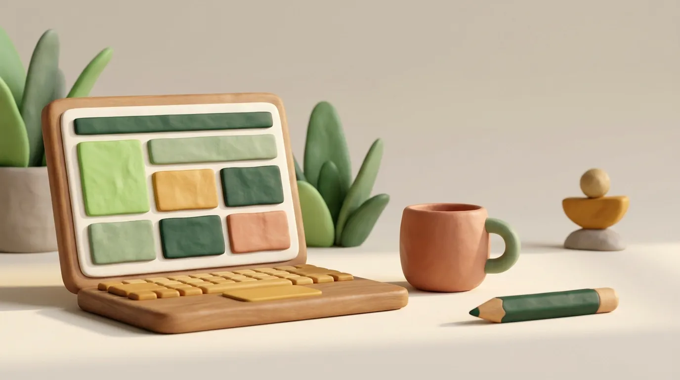 Laptop with an abstract spreadsheet grid beside a coffee mug and pencil.