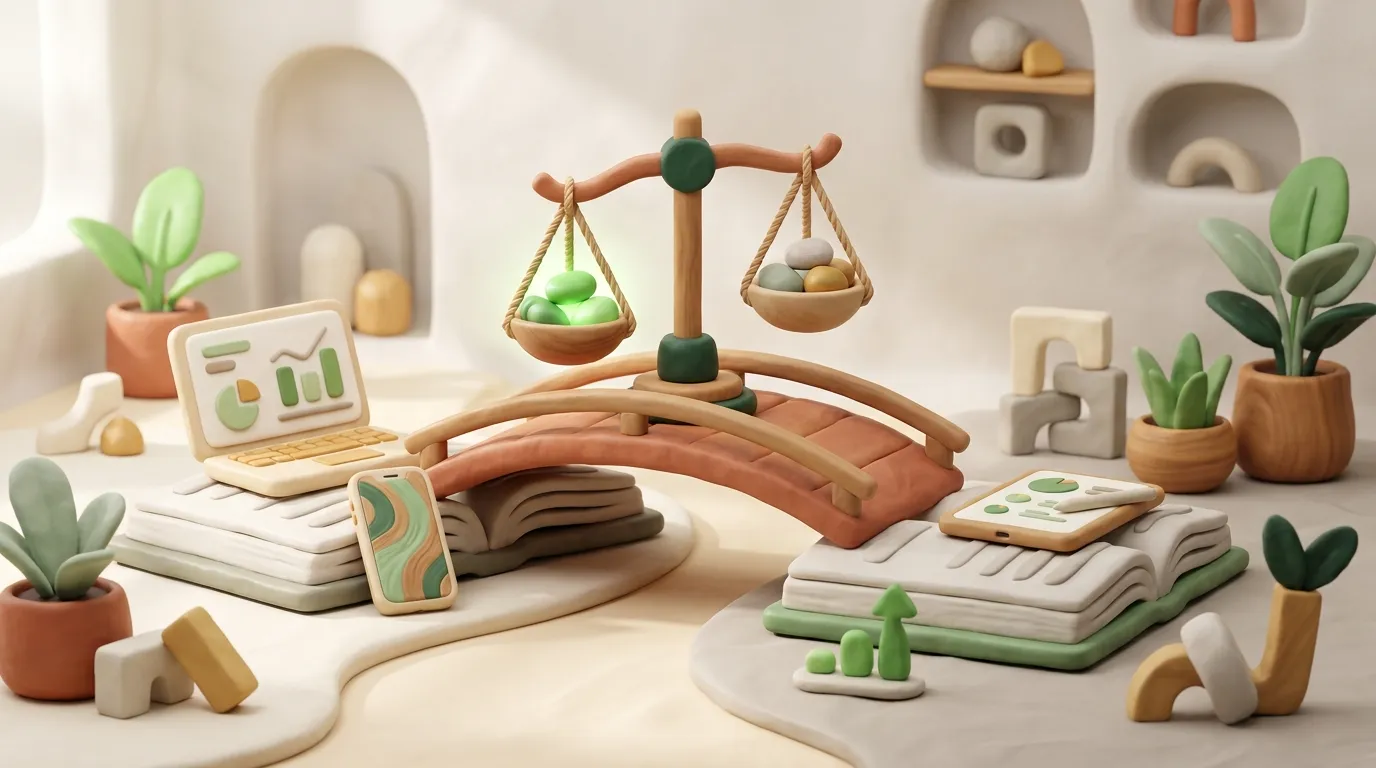 Clay bridge between two ledgers with a balance scale in the middle.