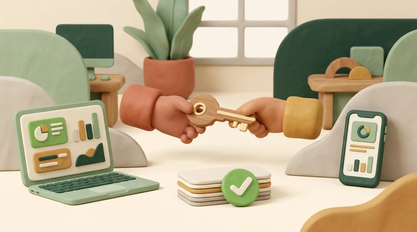 Hands exchanging a key over blank asset cards and a green checkmark token.