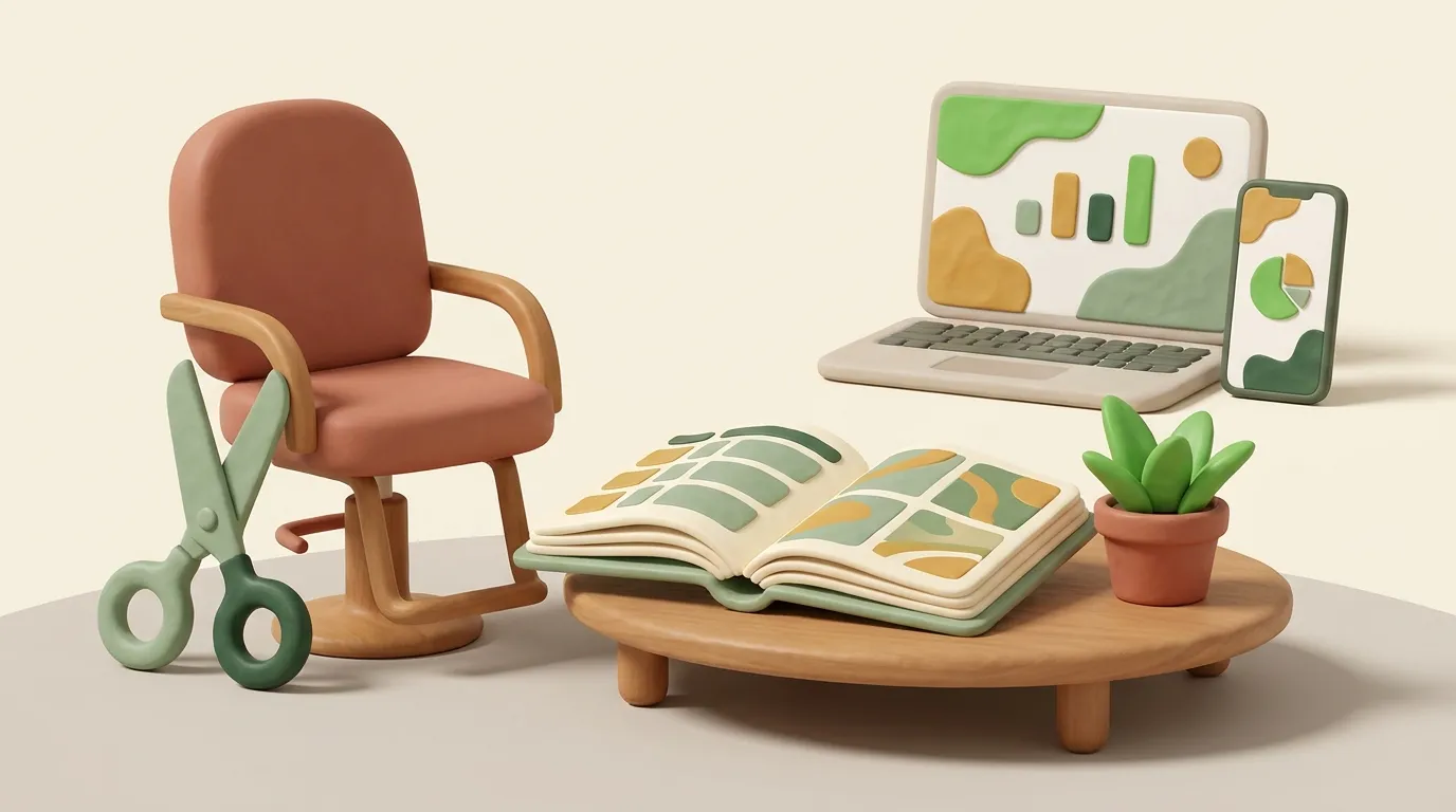 Salon chair shapes, scissors, and an open appointment ledger with a plant.