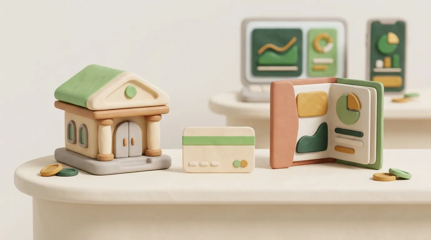 Miniature bank, blank debit card, and open account folder on a cream counter.