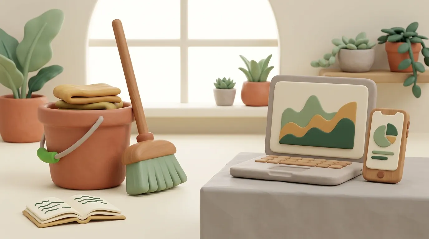 Cleaning bucket, cloths, and broom beside a small appointment book.