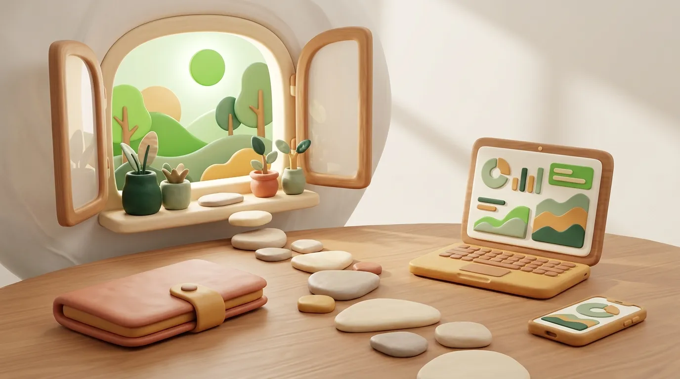 Stepping stones from a closed folder toward a sunny open window.