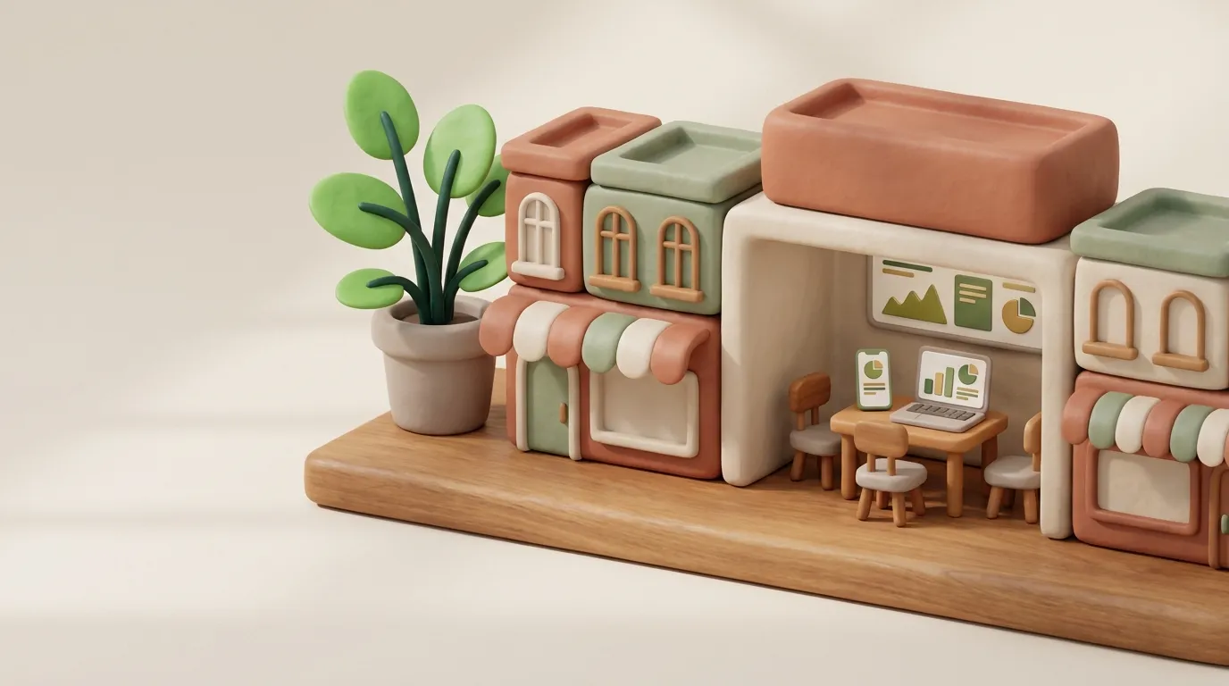 Linked clay storefront blocks on a wooden board beside a plant.