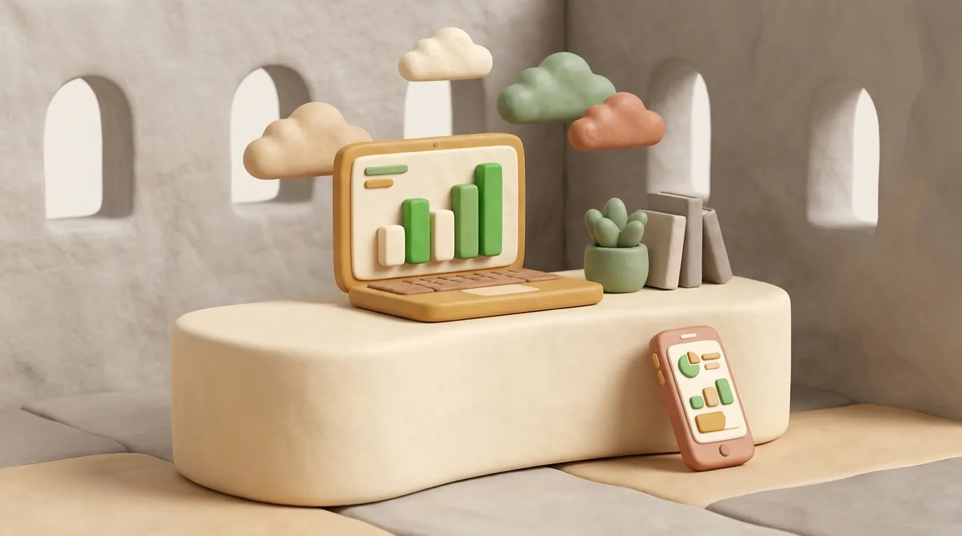 Office desk with soft cloud shapes above a laptop showing rising bars.