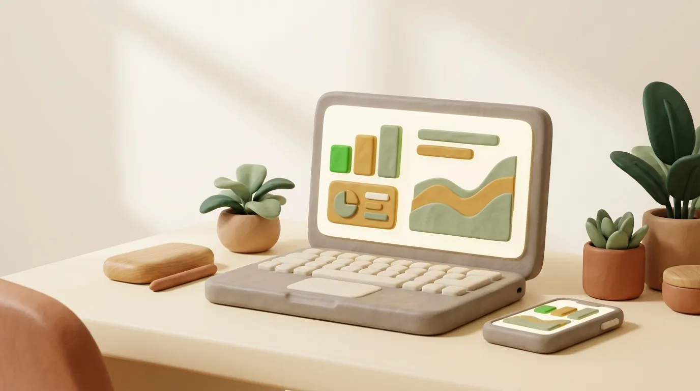 Laptop with abstract chip-like blocks and rising chart ribbons on a desk.