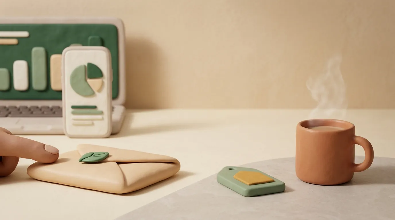 Sealed envelope beside a blank price-tag shape and a mug of tea.