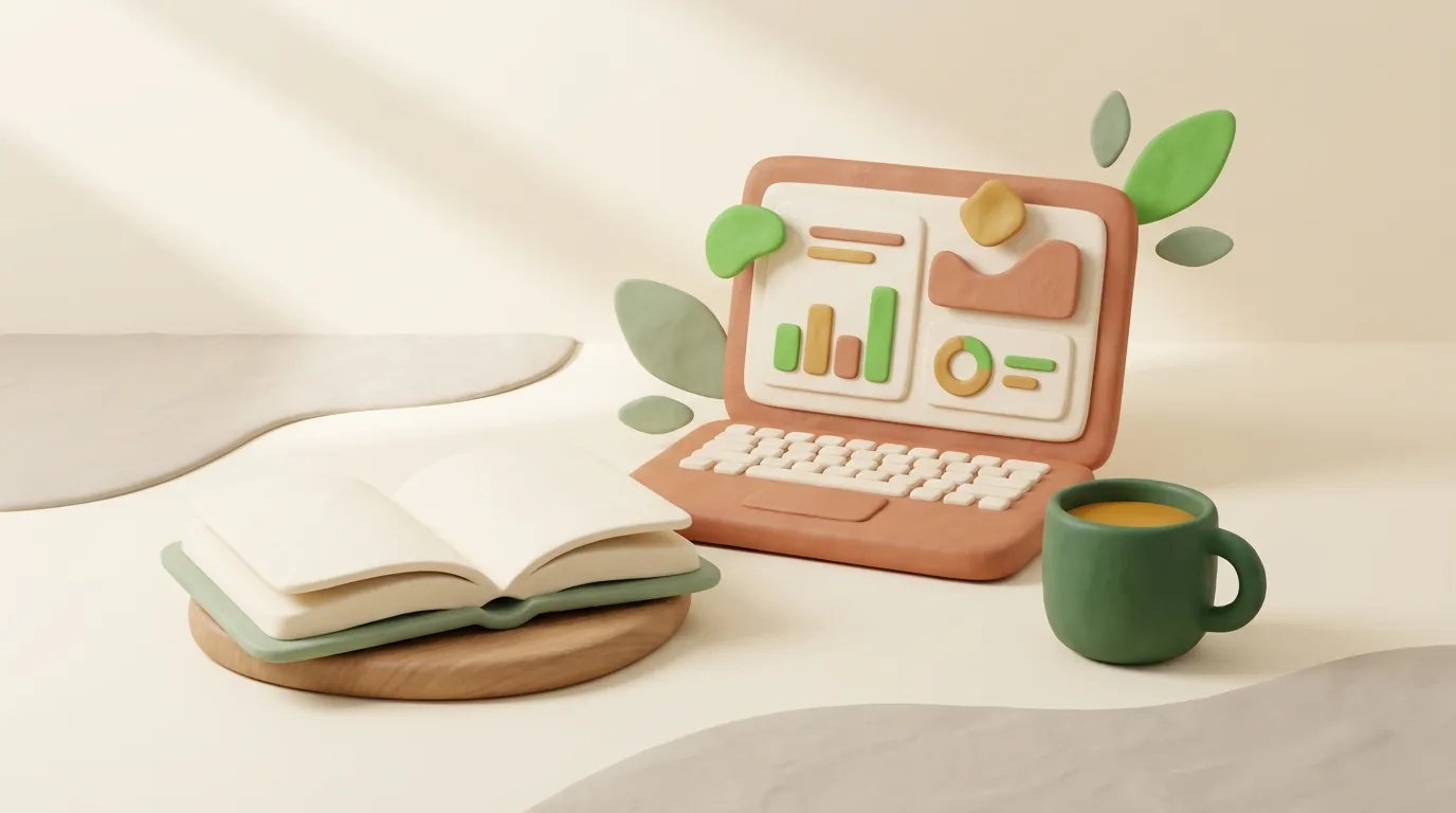 Laptop on a video call beside an open ledger notebook and coffee mug.