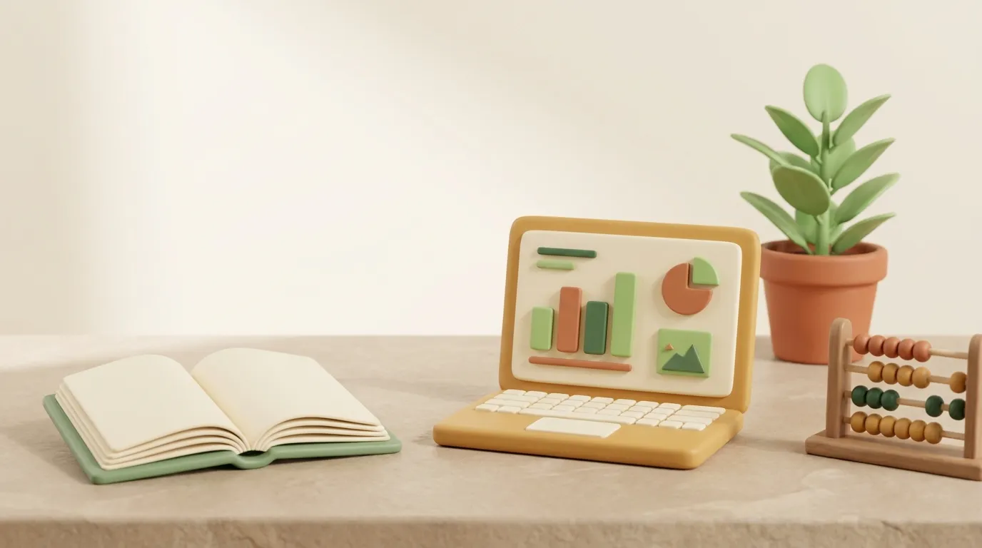 Open sage-green ledger beside a laptop and a small abacus.