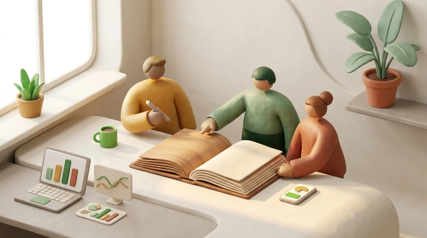 Three stylized figures sharing one ledger book under warm window light.