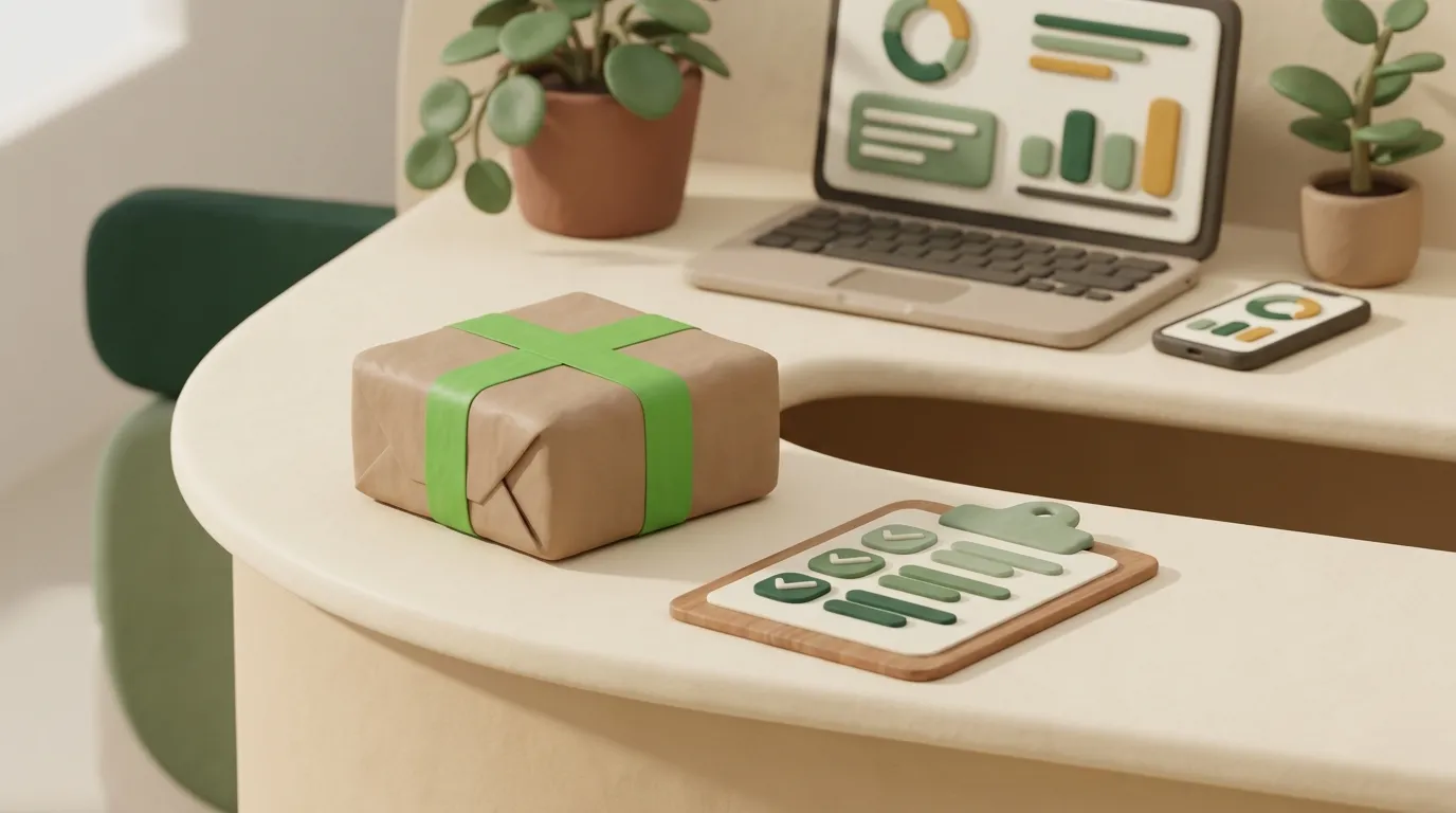 Wrapped parcel with blank label, packing tape, and a clipboard on a cream counter.