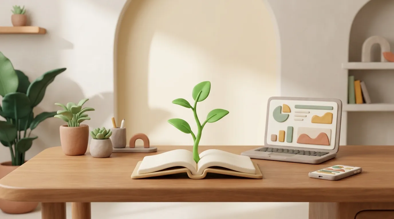 Open grant letter with a green seedling sprouting from blank pages.