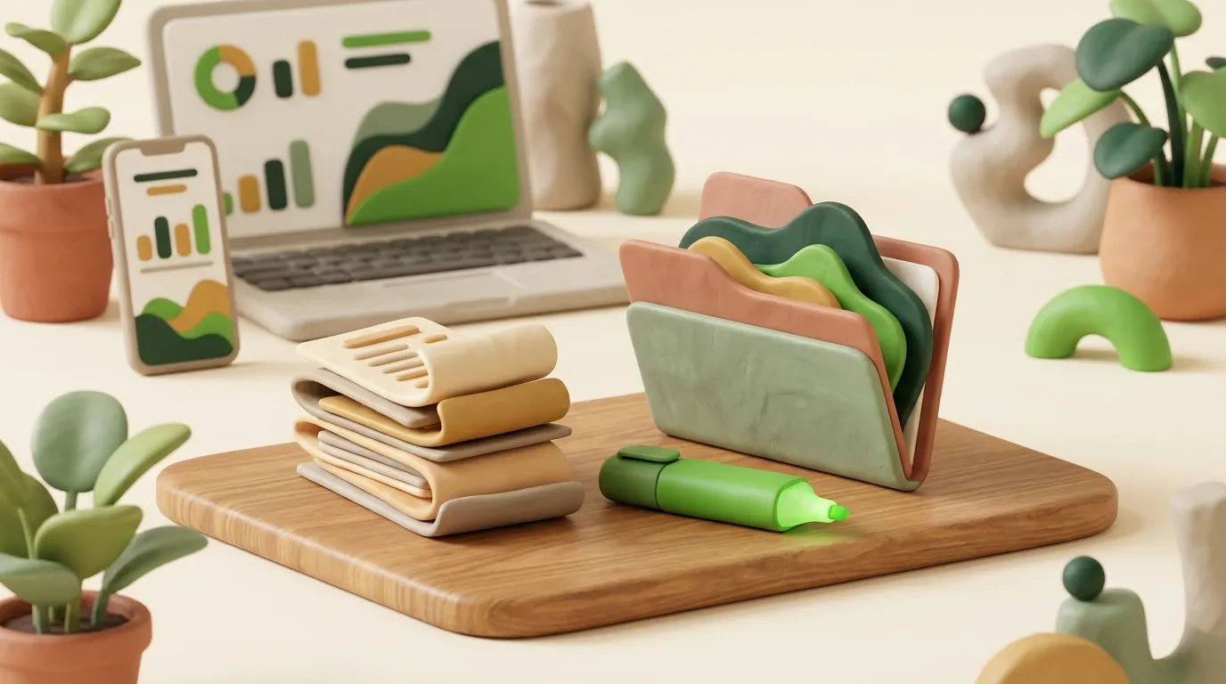 Stack of receipts and a green highlighter beside a folder on a wooden desk.