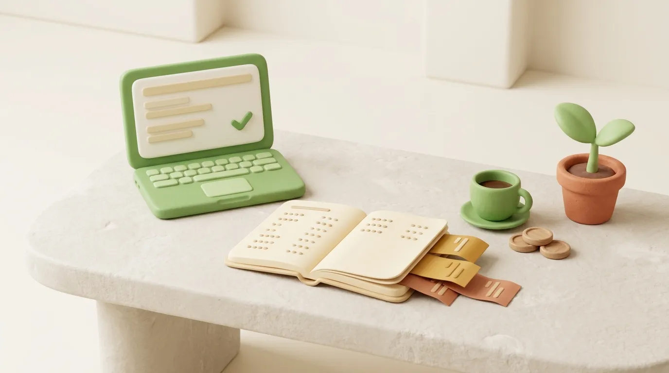 A green clay laptop beside an open ledger, neatly sorted receipts, and a small espresso cup.
