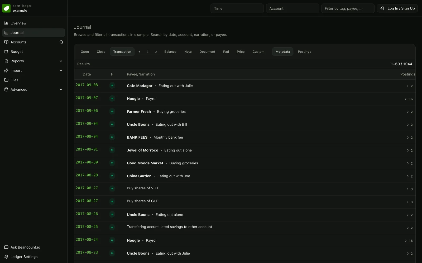 beancount.io journal view listing plain-text double-entry transactions with directive type filters