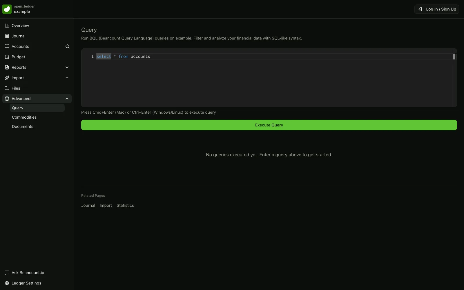 beancount.io BQL query editor running SQL-like queries against a Beancount ledger in the browser