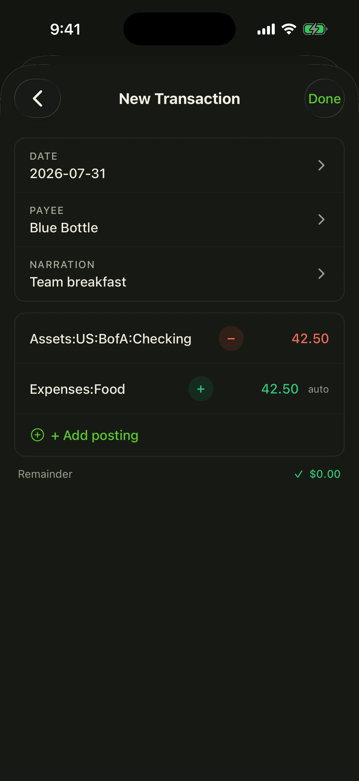 Beancount Android Transaction Entry