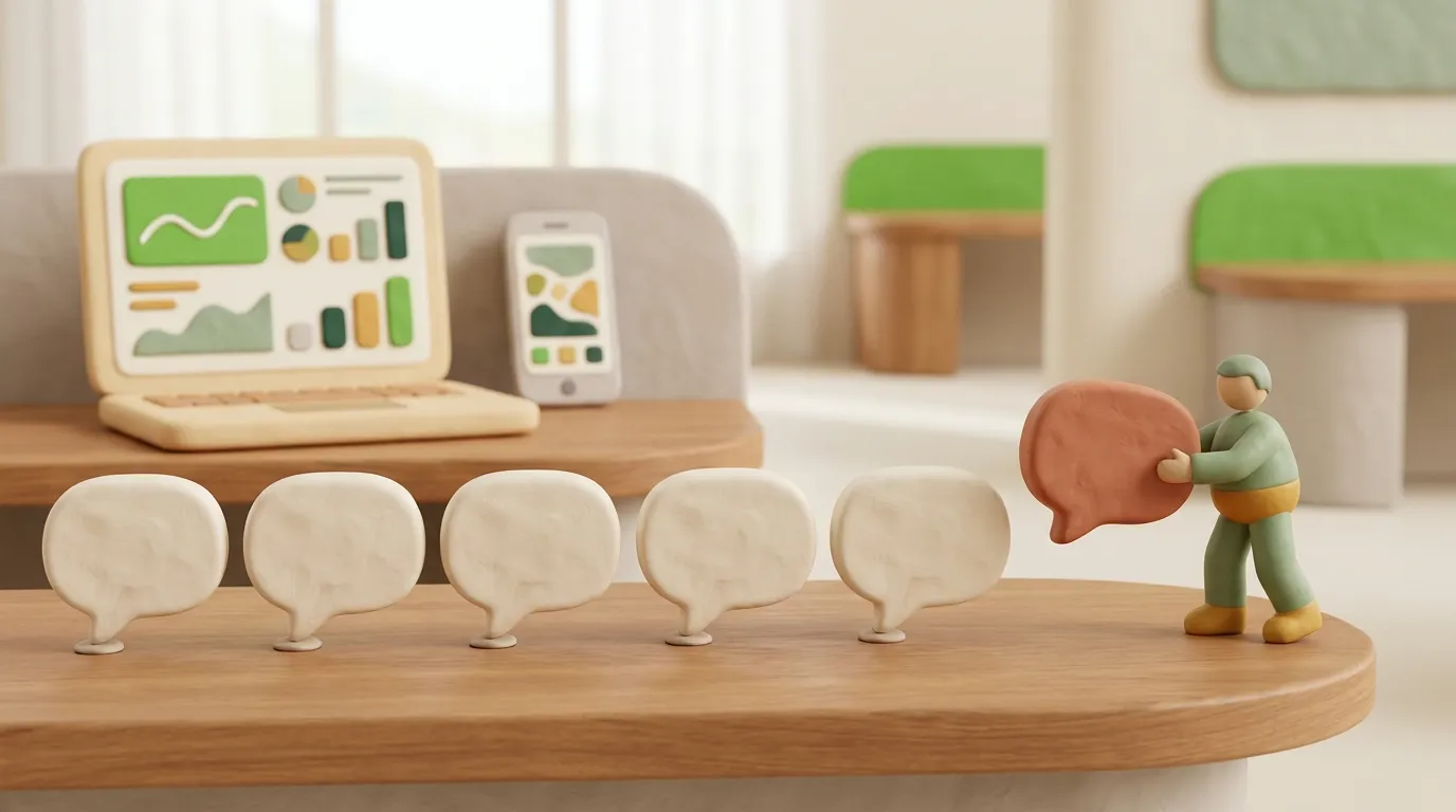 Row of blank cream clay speech bubbles with a tiny figure lifting one terracotta bubble aside.