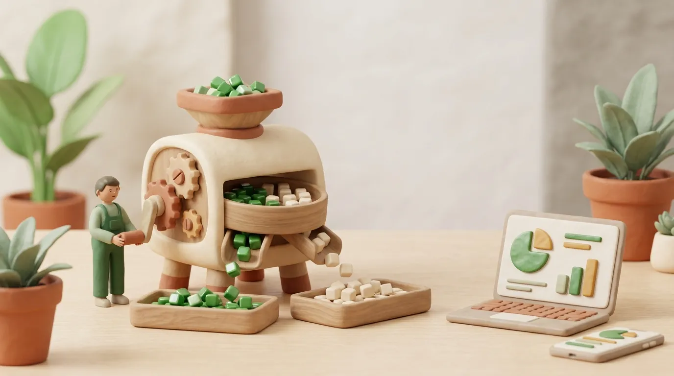 Clay sifter sorting green blocks from cream blocks while a tiny figure turns the crank.