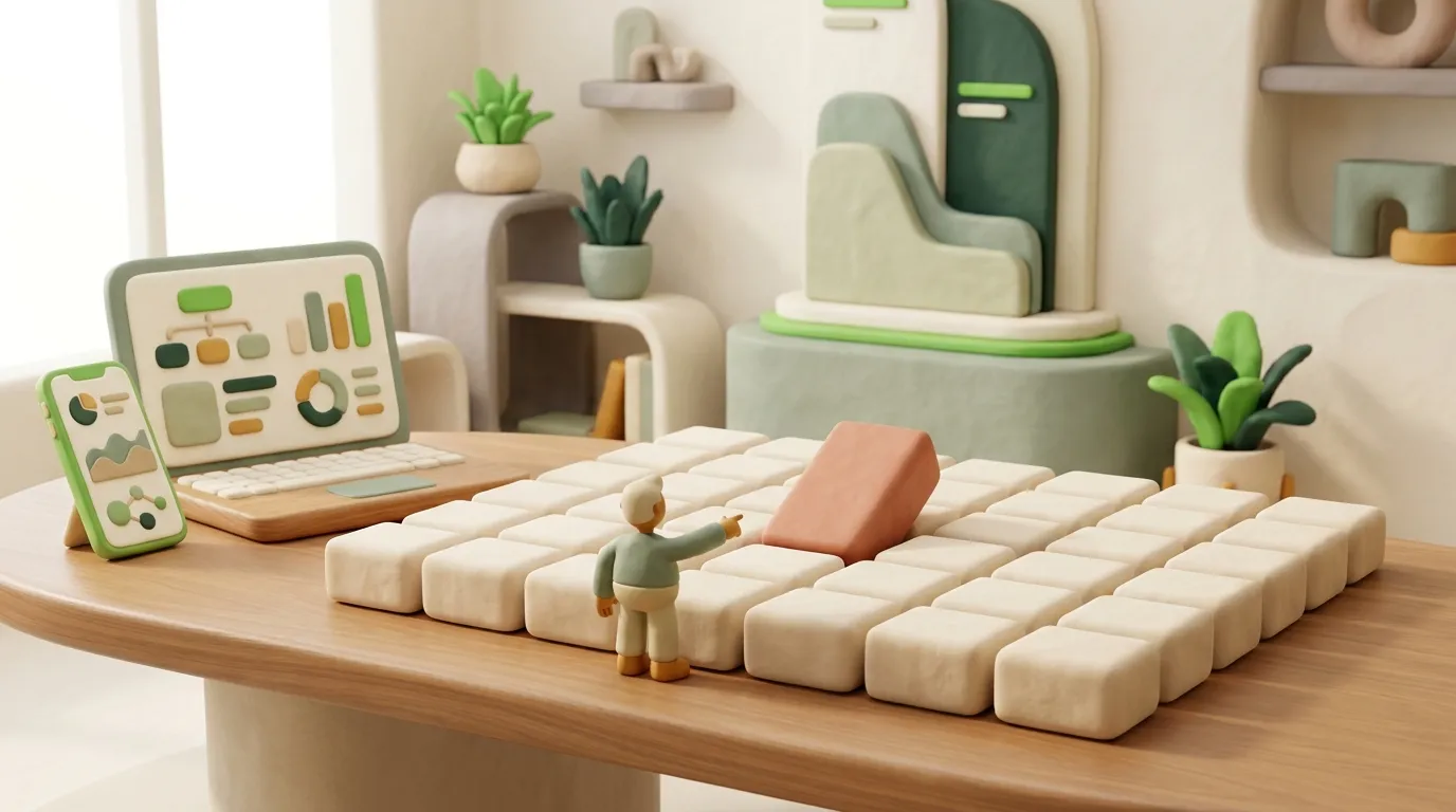 Tiny clay figure pointing at one tilted block in a neat grid of cream blocks.