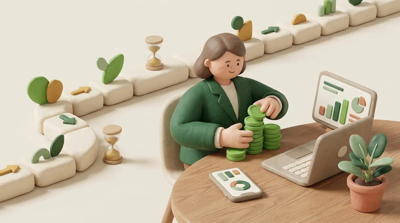 Tiny clay CFO stacking green coins beside a timeline of blocks and an hourglass.