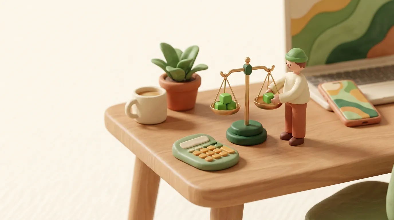 Clay accountant balancing green blocks on a brass scale beside a calculator and coffee mug.