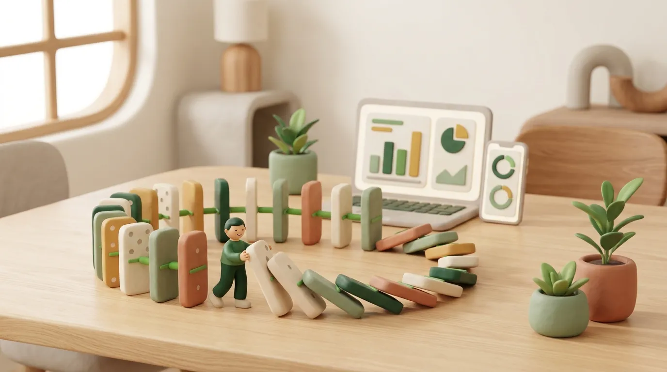 Chain of clay dominoes linked across a table with a tiny figure tipping the first.