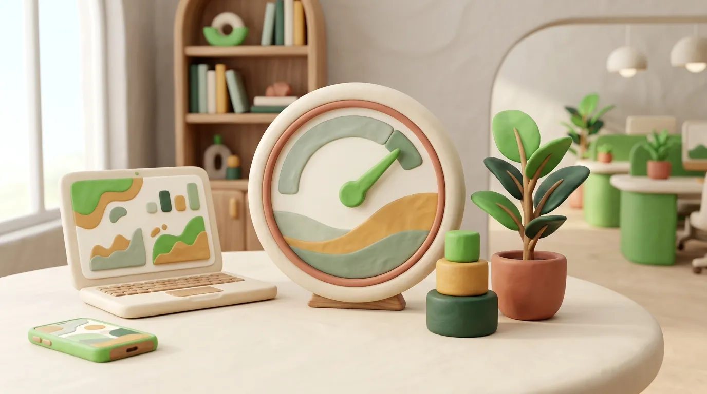 Clay gauge with a green needle and abstract color zones beside stacked blocks.