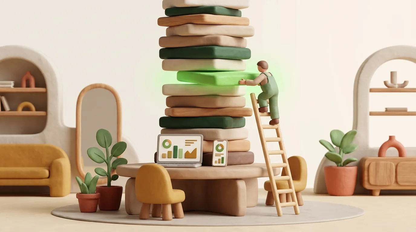 Tiny figure on a ladder pulling one green slab from a towering clay stack.