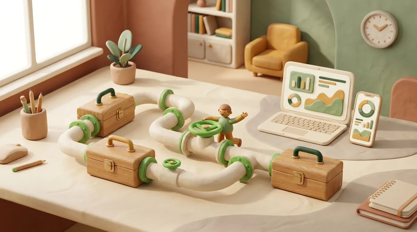 Toy clay pipeline of green and cream pipes linking wooden toolboxes.