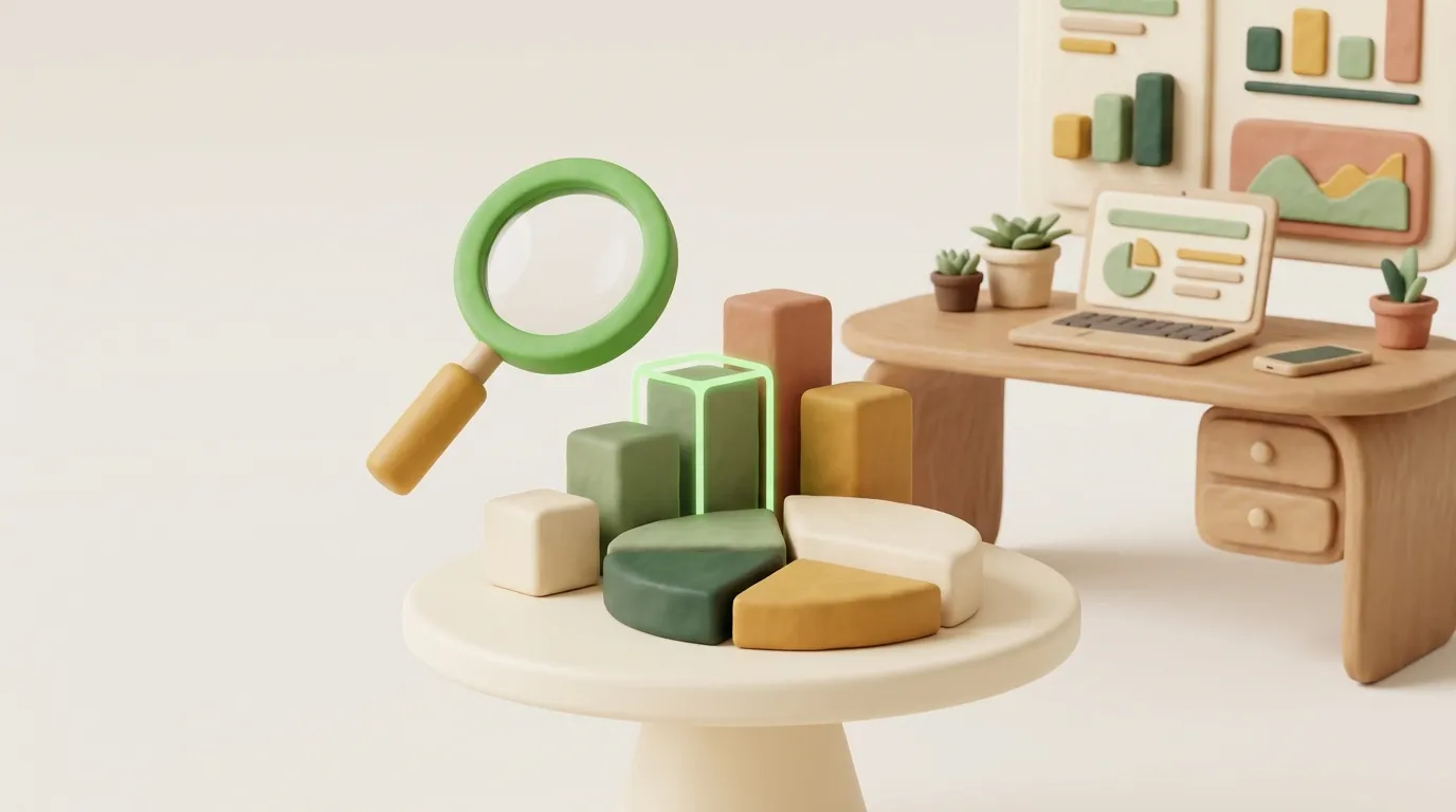 Clay magnifying glass over raised bar-chart blocks with a green frame highlighting one.