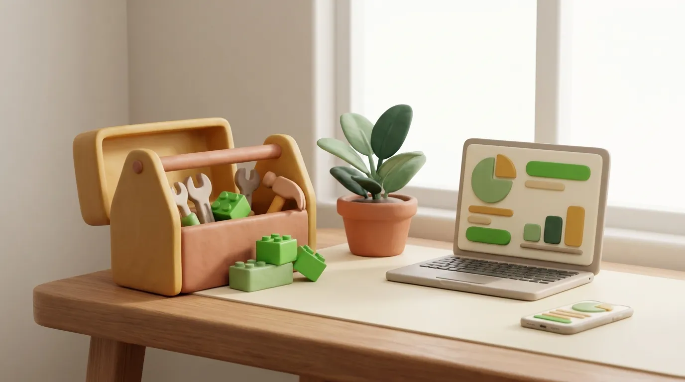 Open clay toolbox with toy tools and green blocks spilling onto a desk.