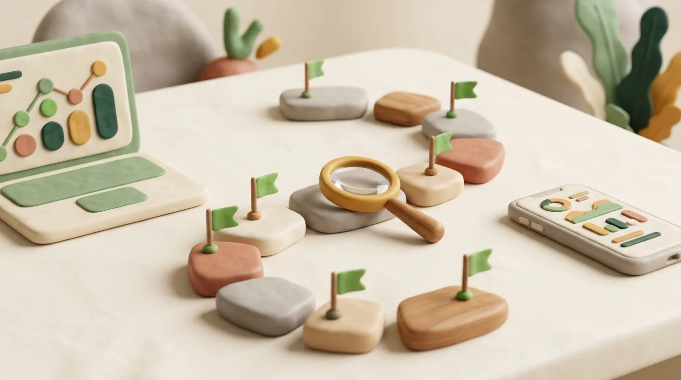 Winding path of clay stepping stones with green flags and a small magnifier.