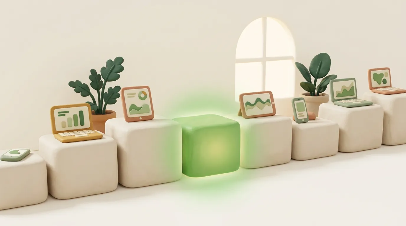 Row of cream clay blocks with a single green block glowing in the middle.