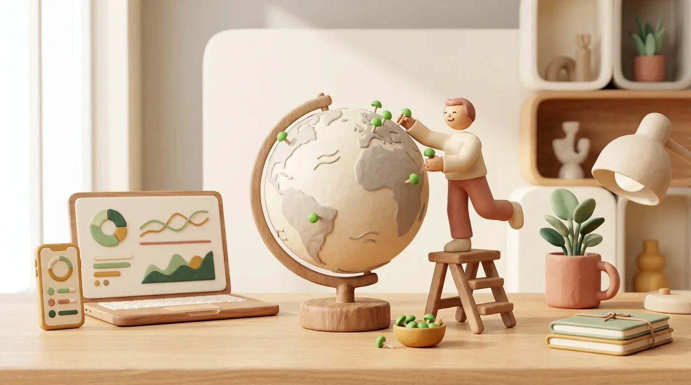 Tiny clay figure placing green pins on a clay globe.