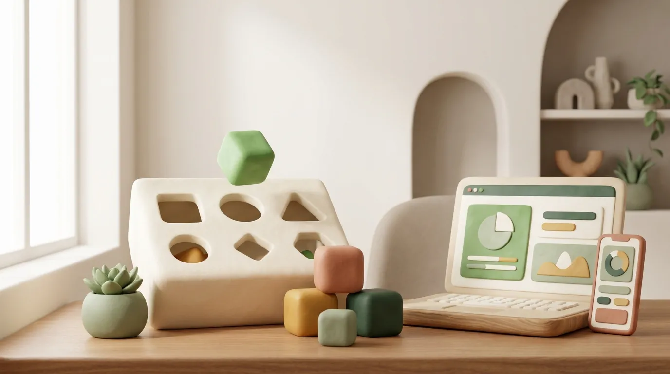 Clay sorting box with shaped blocks, one hovering above its matching slot.