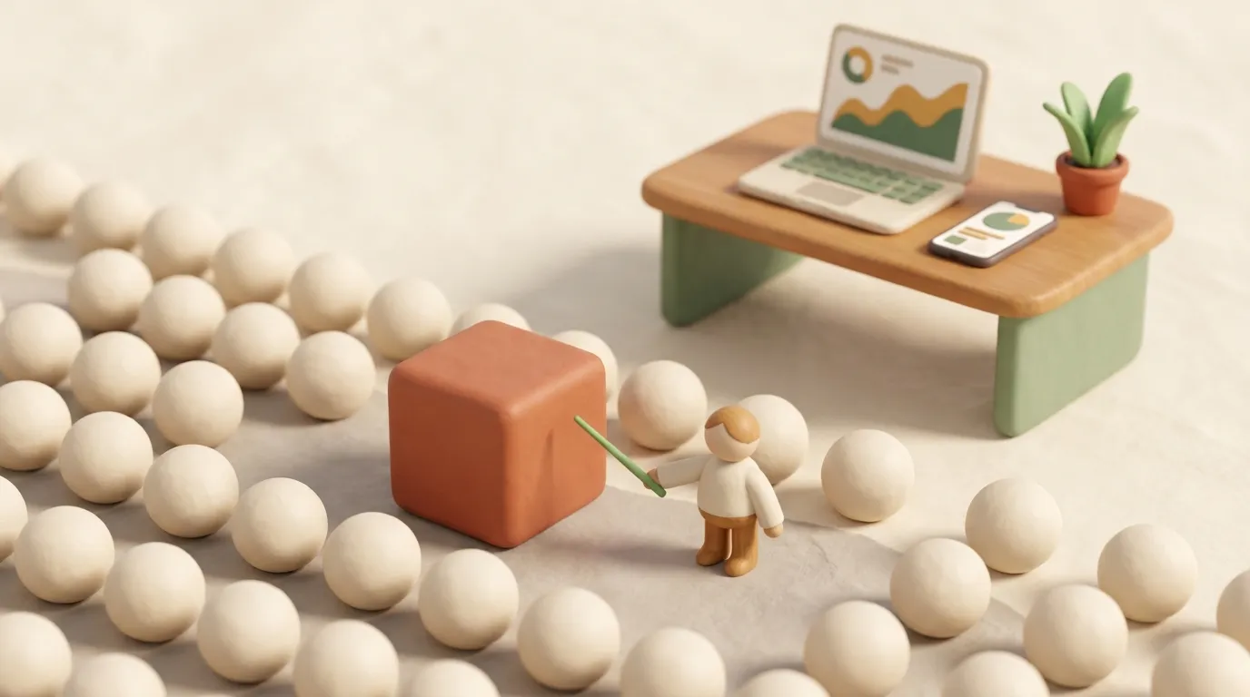 Rows of cream clay spheres with one terracotta cube pointed out by a tiny figure.