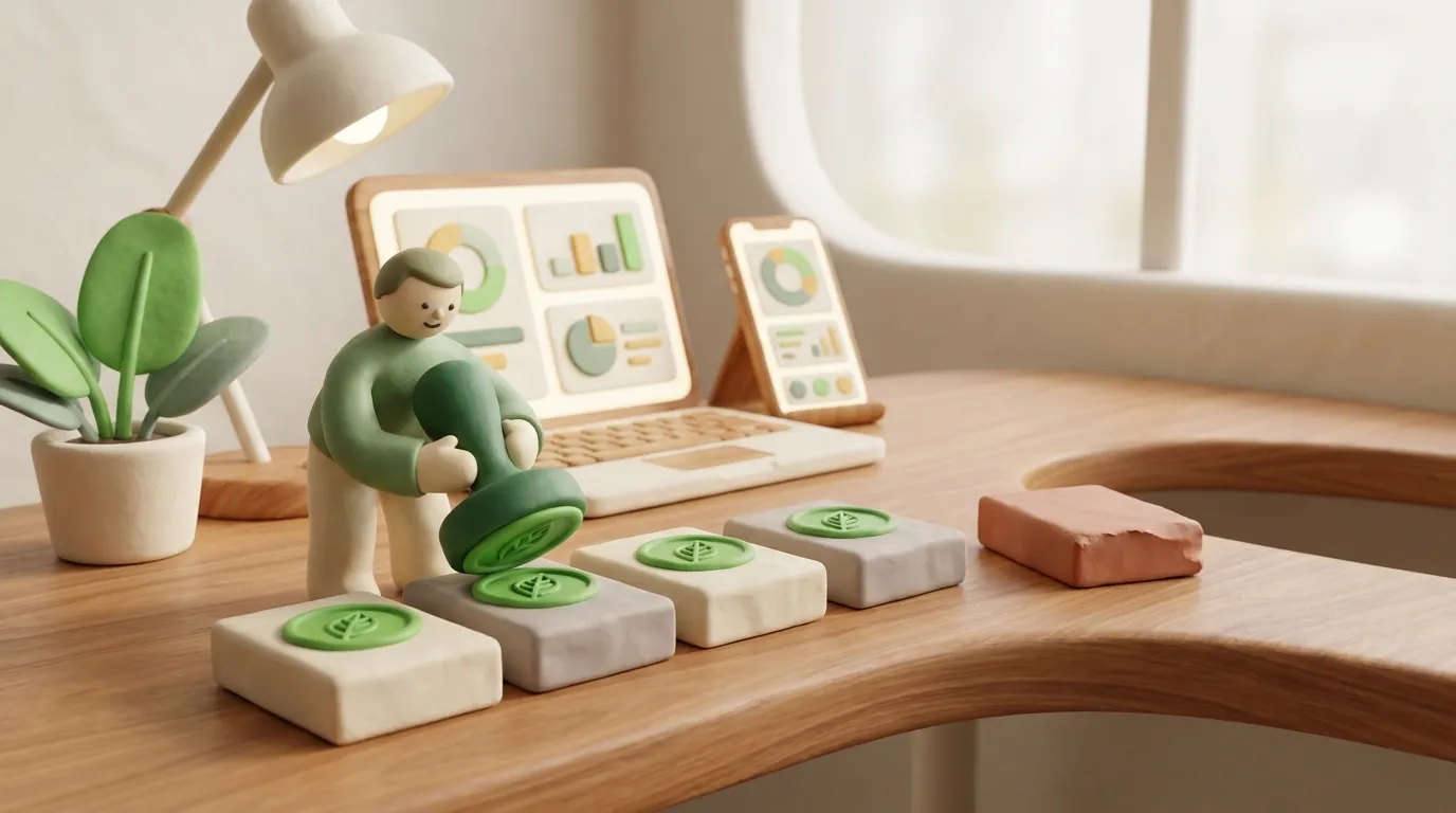Tiny clay figure stamping green seals on a row of clay ledger blocks.