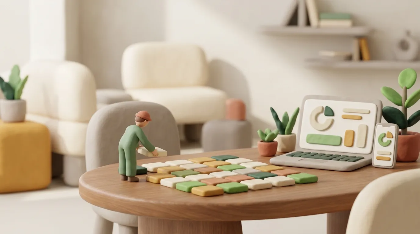 Grid of cream clay tiles with green accents, a tiny figure placing one tile.